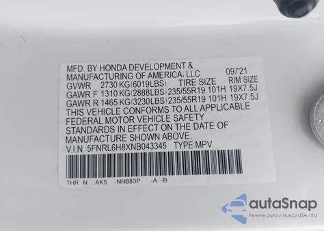 2022 Honda Odyssey Touring z USA, uszkodzony, nr VIN 5FNRL6H8XNB043345